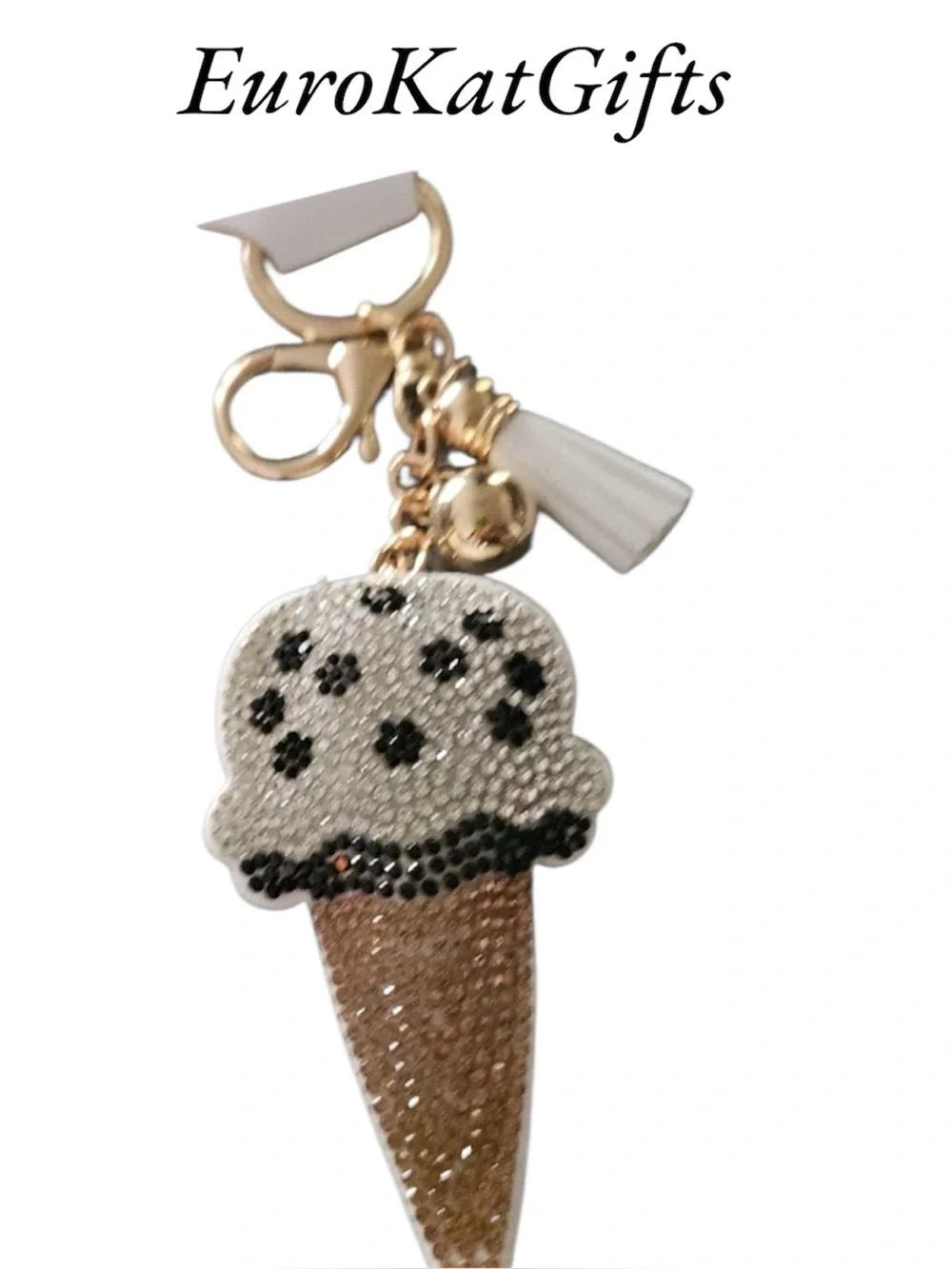 Ice Cream Cone Bag Charm Keychain with White Gold Rhinestones NEW